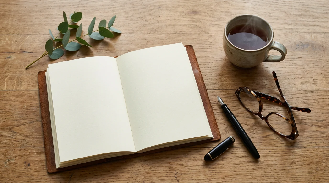 Flat lay of open notebook, fountain pen, and tea on wooden desk for analog reflection.