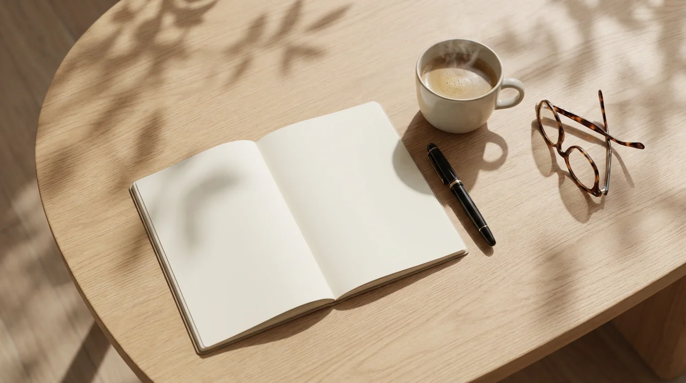Flat lay of open notebook, pen, and coffee on table in soft morning light.