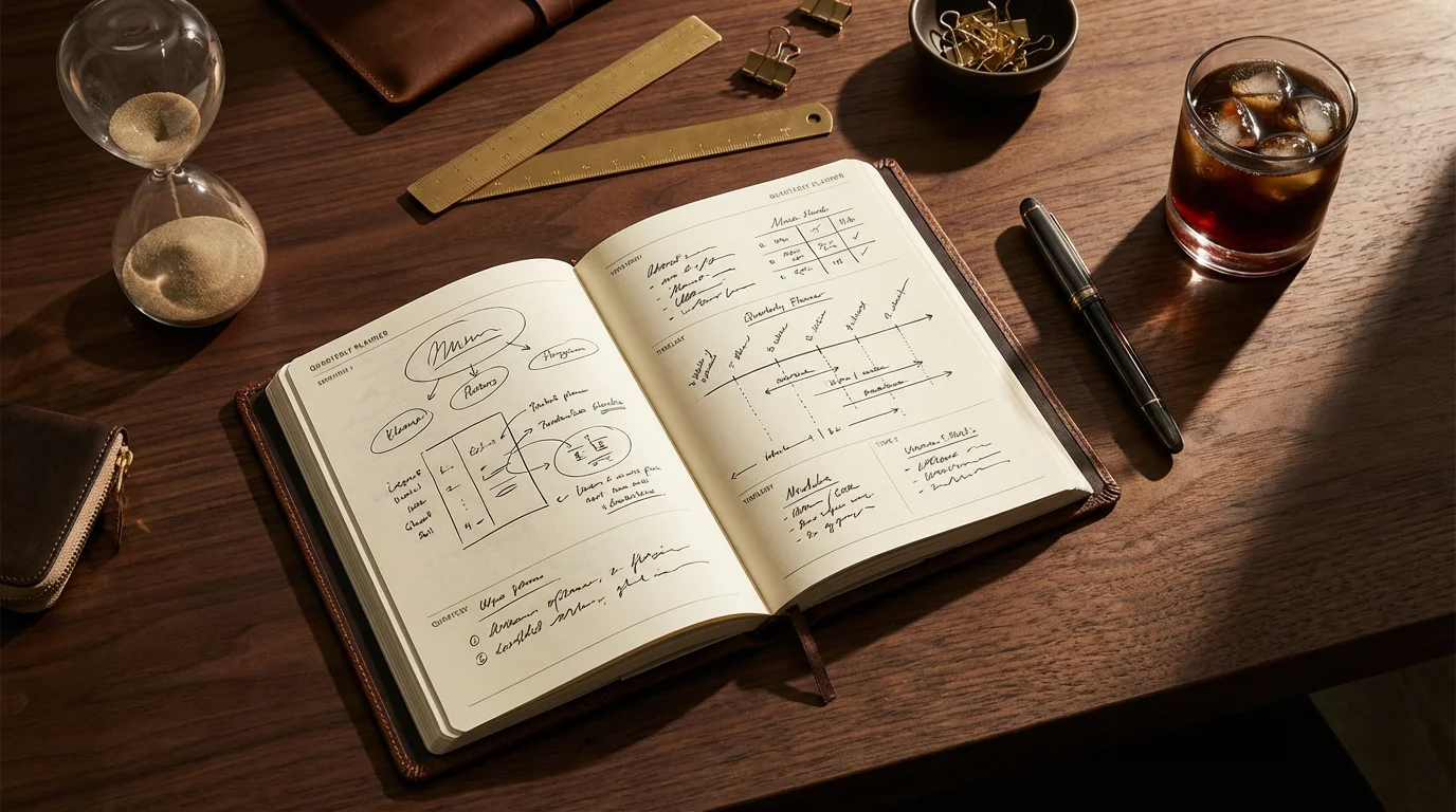 Open paper planner beside an hourglass on a dark desk