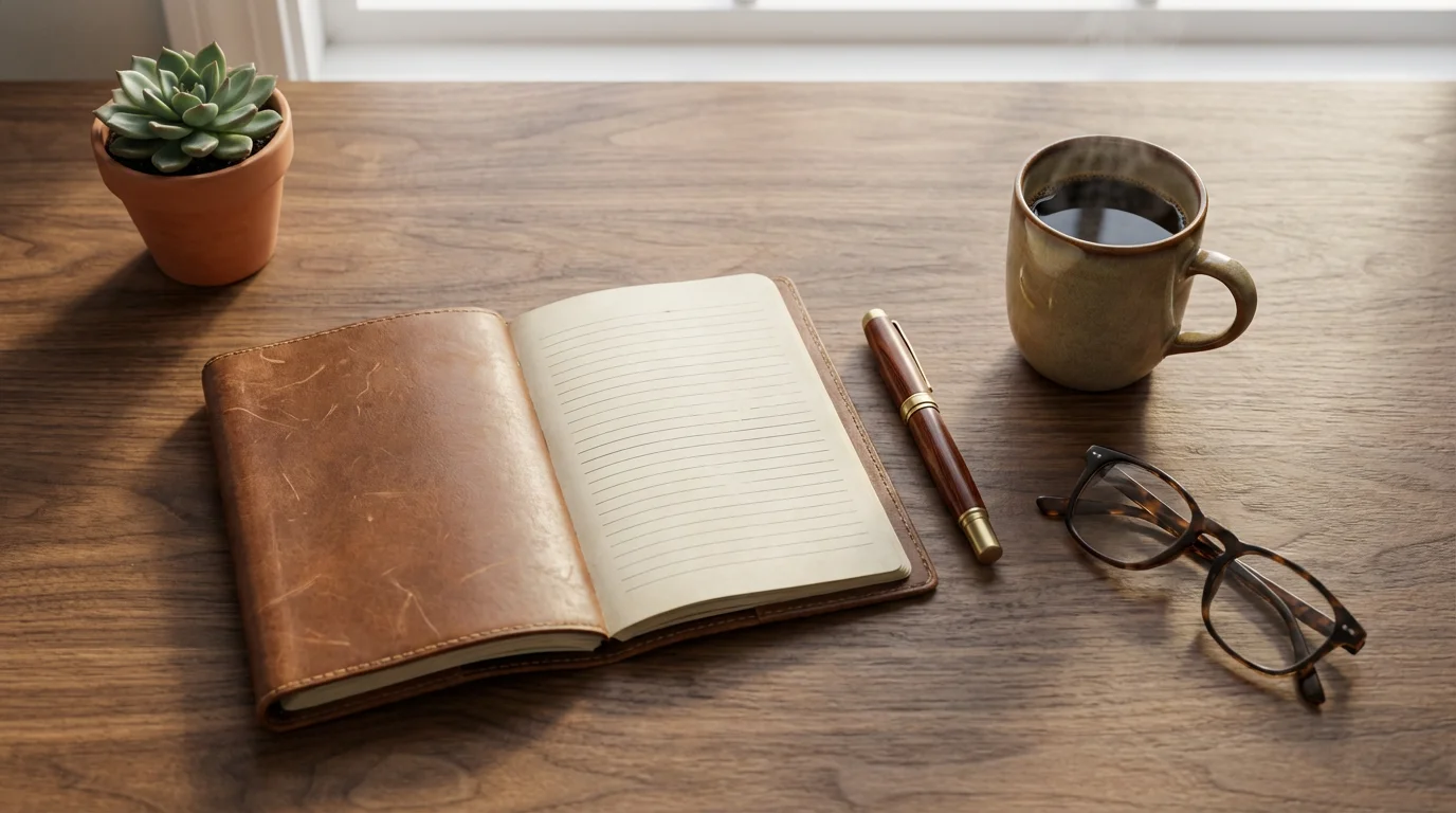 Flat lay of open planner, coffee cup, and glasses on a wooden desk.