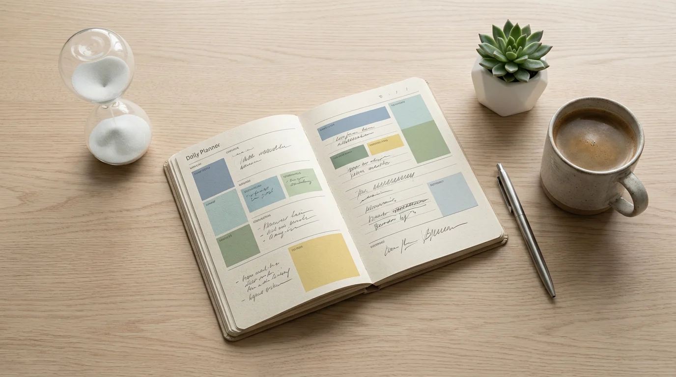 Flat lay of open planner, hourglass, and coffee cup on a minimal wooden desk.