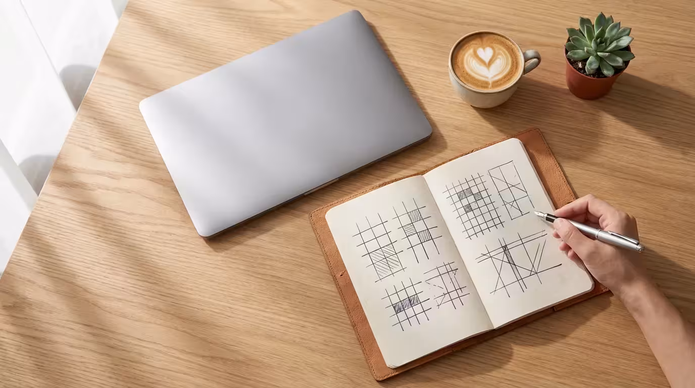 Flat lay of organized desk with laptop, notebook, and coffee cup in natural light