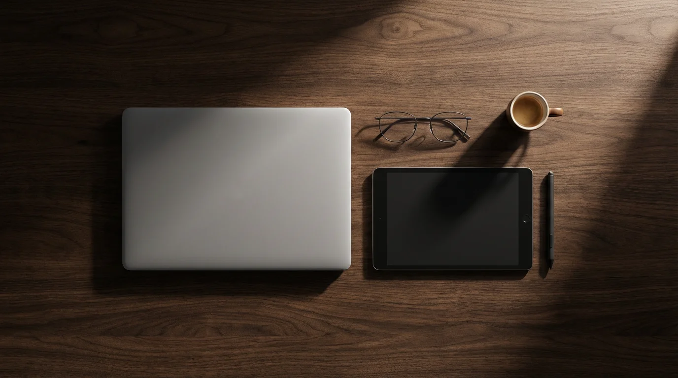 Flat lay of organized desk with laptop, tablet, and coffee in moody lighting