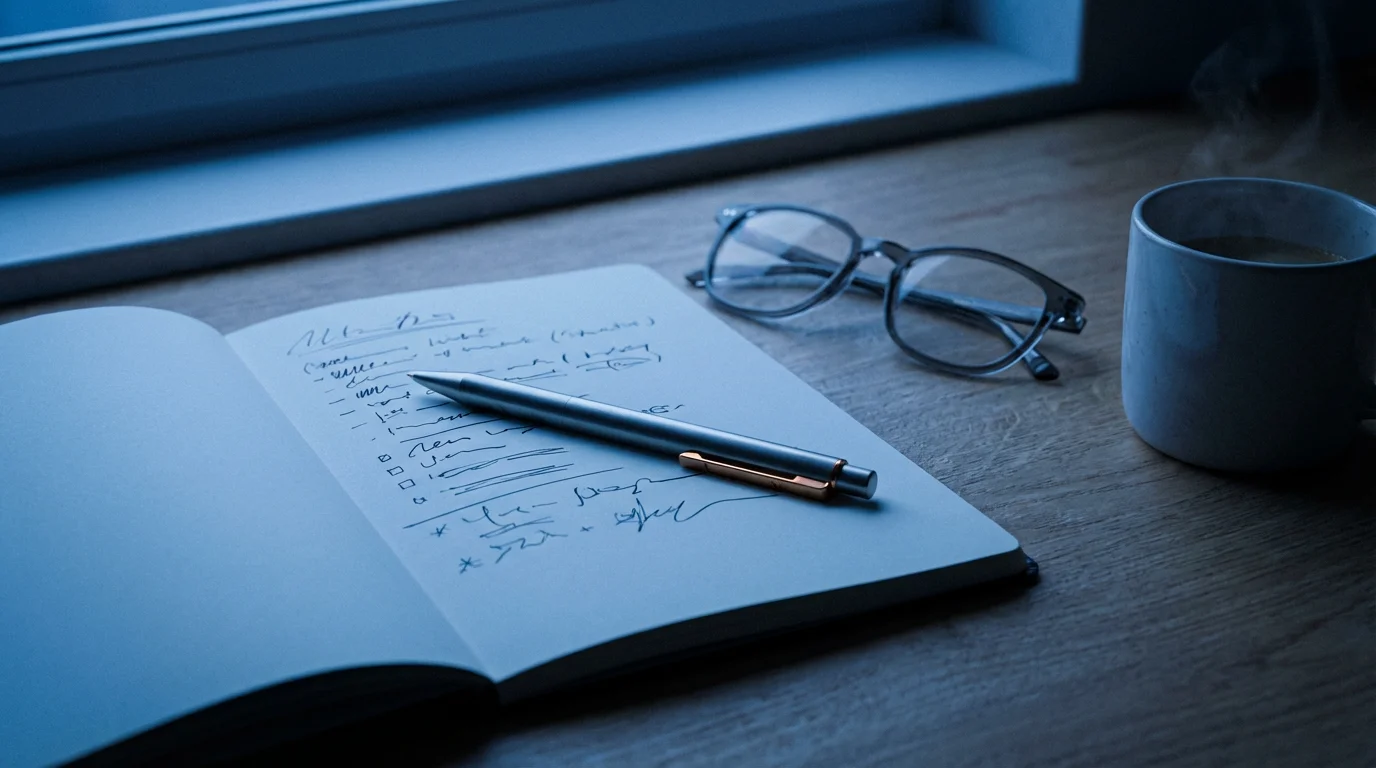 Flat lay of organized desk with notebook and glasses under cool evening lighting.