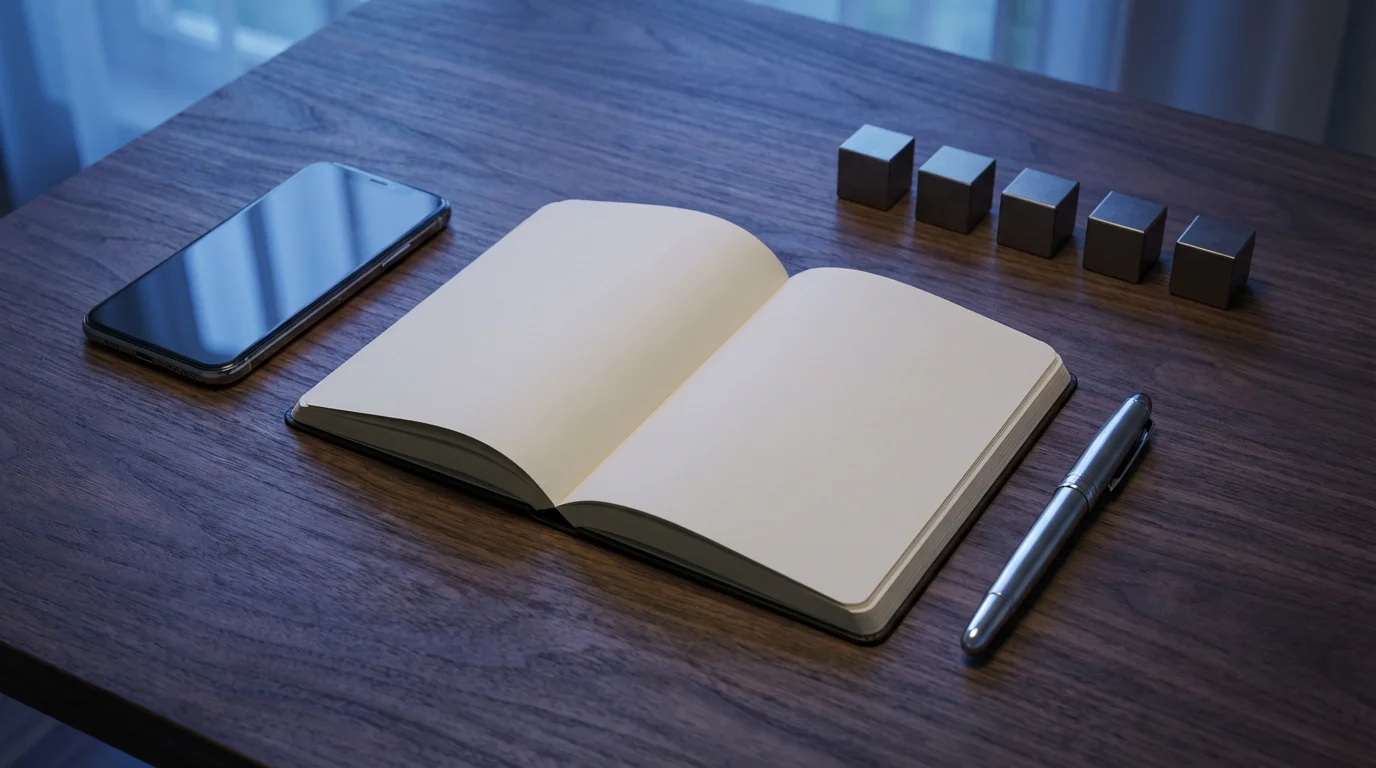 Flat lay of organized desk with notebook and geometric blocks in cool blue evening light.