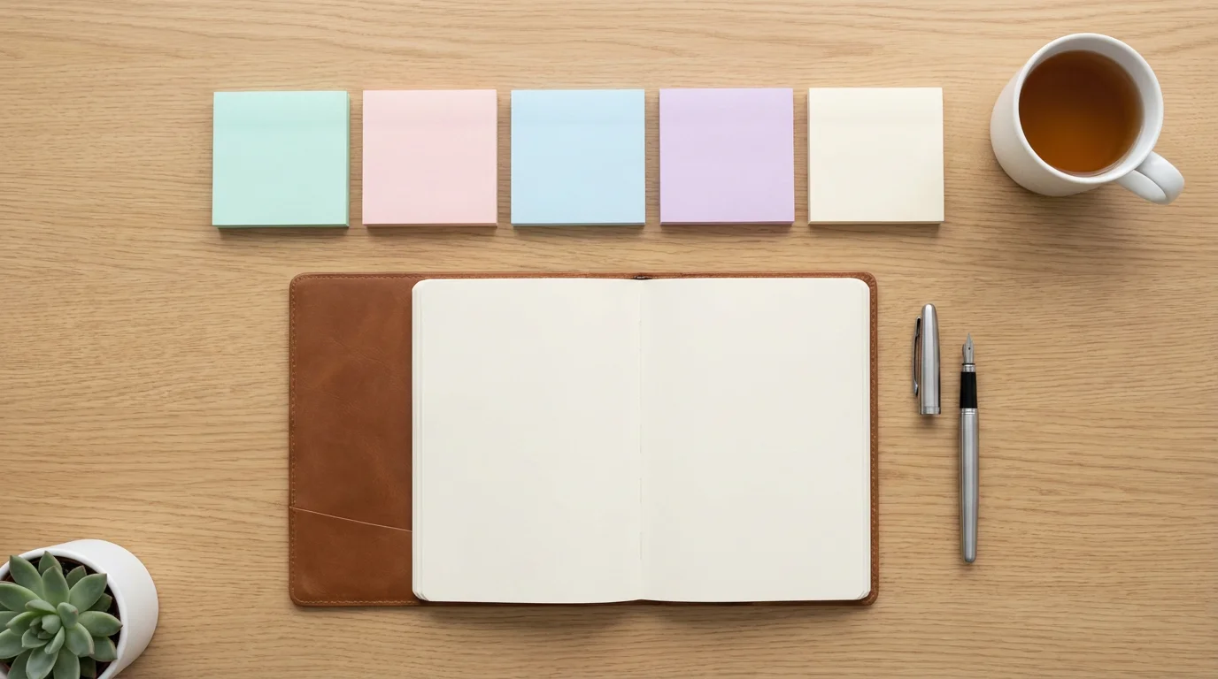 Flat lay of organized desk with notebook and blank sticky notes for task prioritization