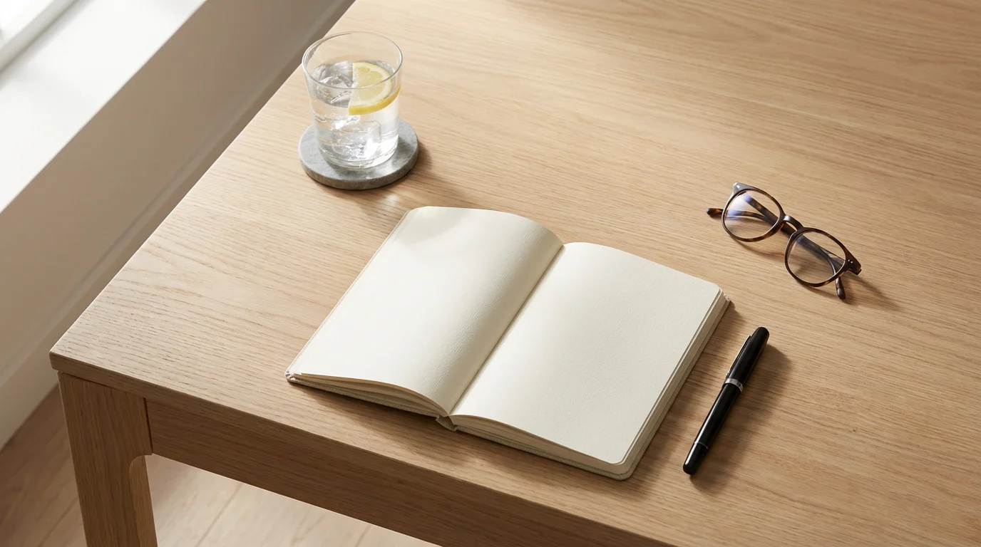 Flat lay of organized desk with notebook, pen, glasses, and water glass