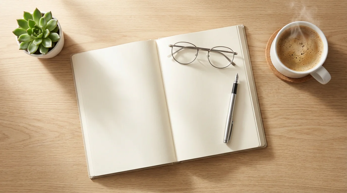 Flat lay of organized desk with open planner, pen, and coffee in soft morning light.