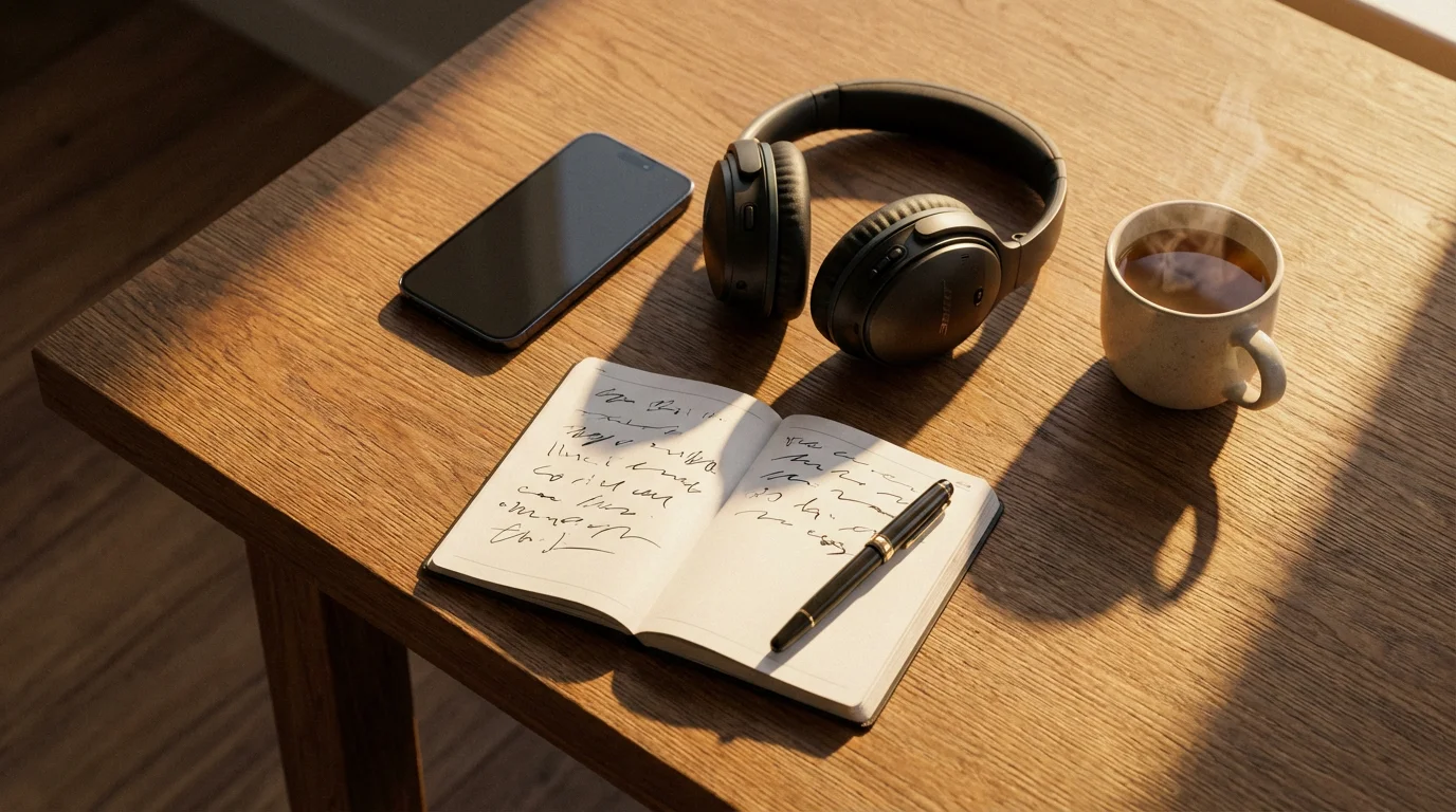 Flat lay of organized desk with phone face down and headphones in warm golden light.