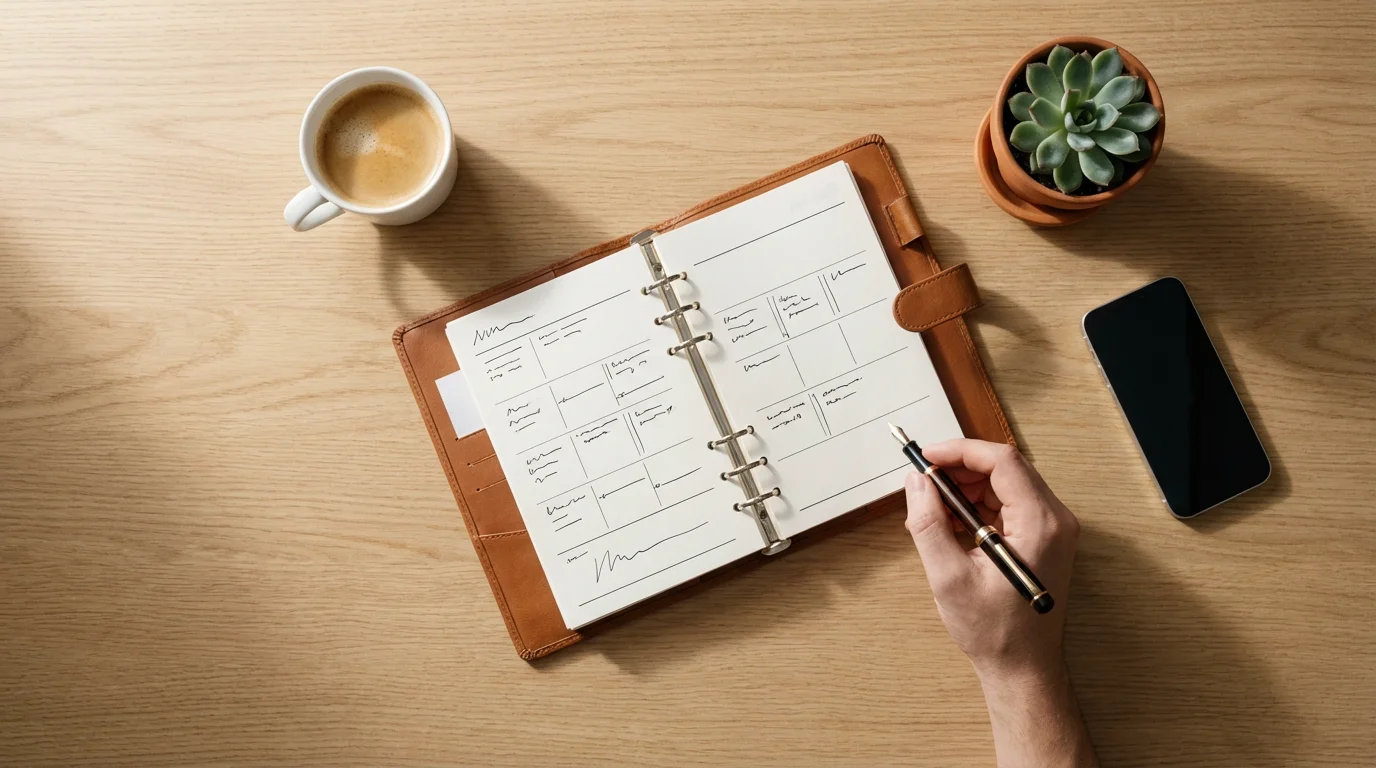 Flat lay of organized desk with planner and coffee illustrating daily prioritization habits.
