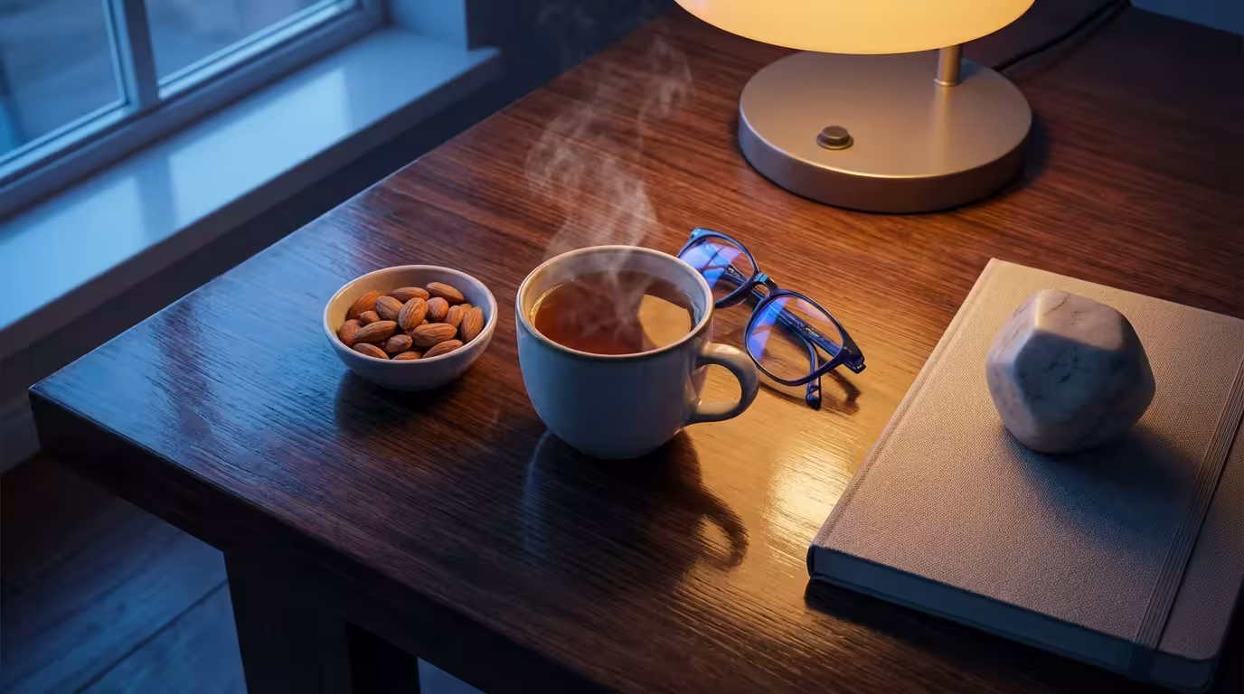 Flat lay of organized desk with tea and glasses during blue hour evening work.