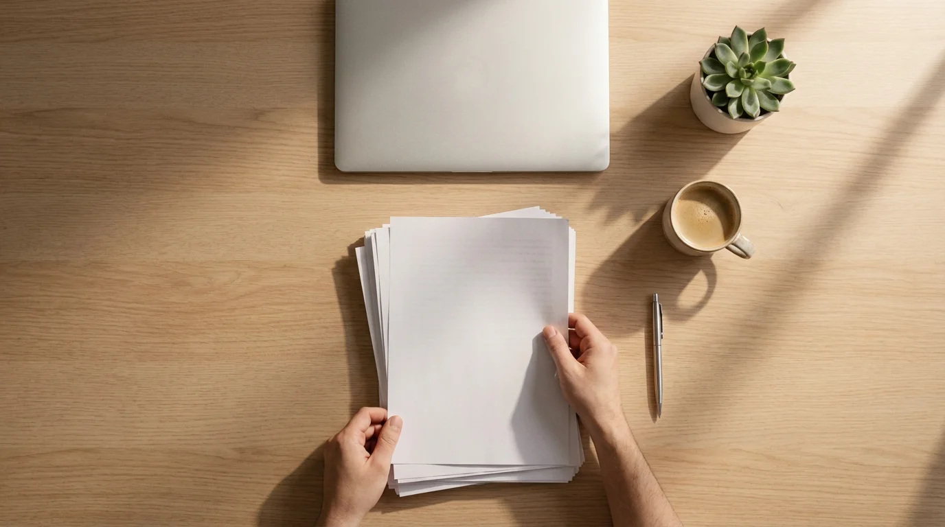 Flat lay of organized minimalist desk with hands processing a document in natural light.