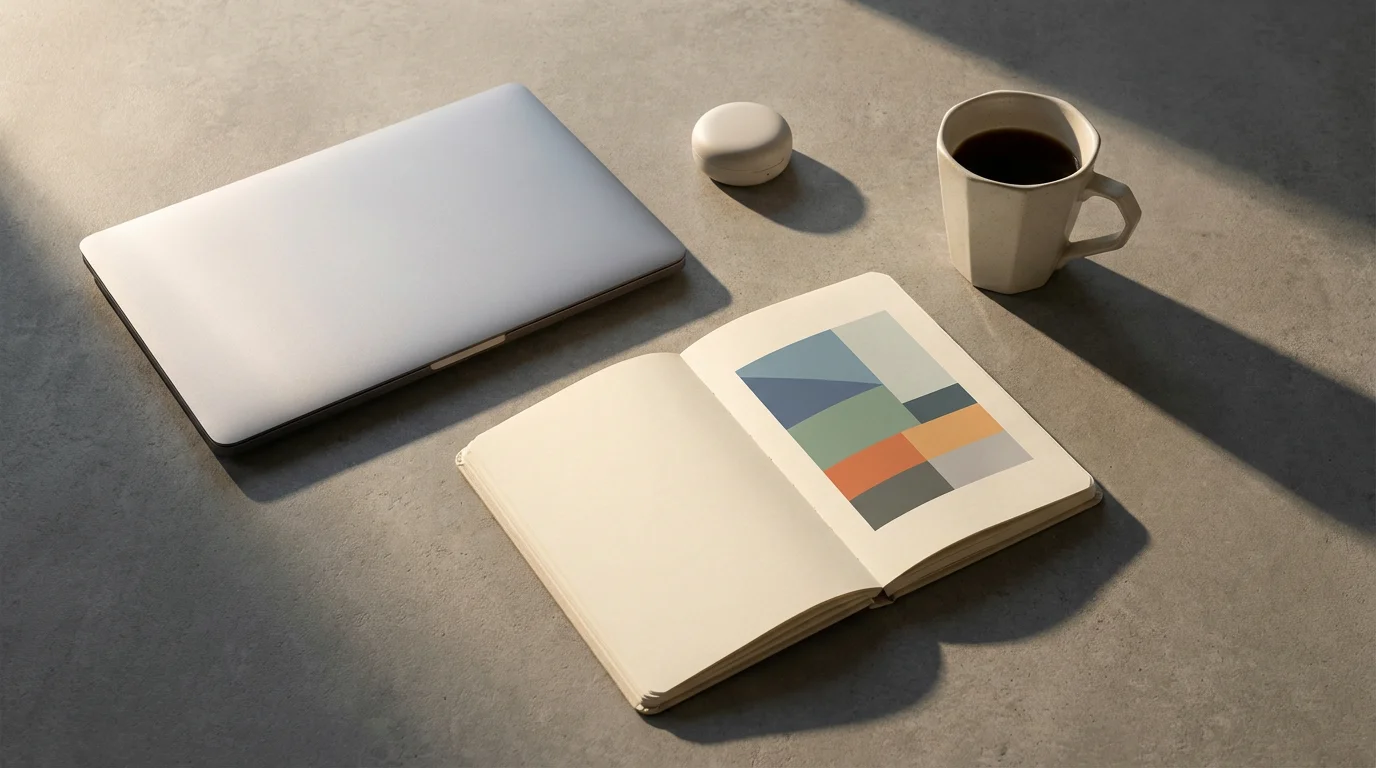 Flat lay of organized productivity tools: planner, laptop, and coffee mug, highlighting a structured schedule.