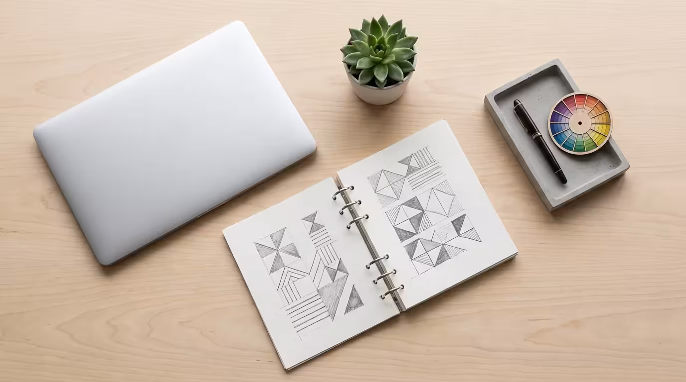 Flat lay of organized workspace with laptop and sketchbook on light wood desk.