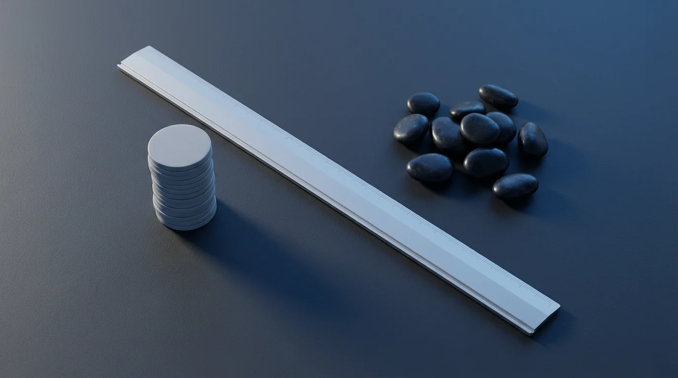 Flat lay of pale and dark tokens separated by an aluminum ruler, symbolizing measurement under blue hour light.