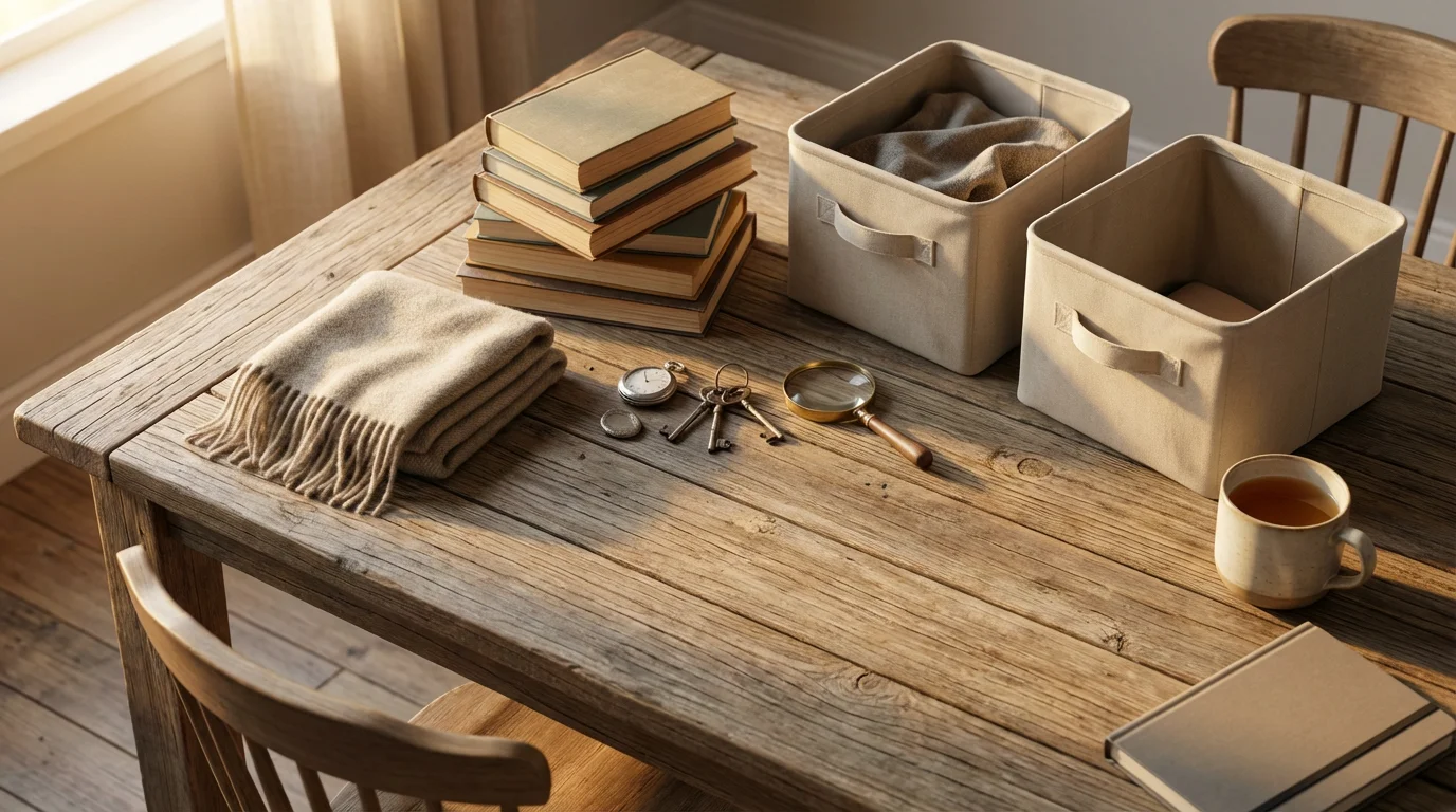 Flat lay of personal items and canvas bins being sorted on a wooden table in sunlight.