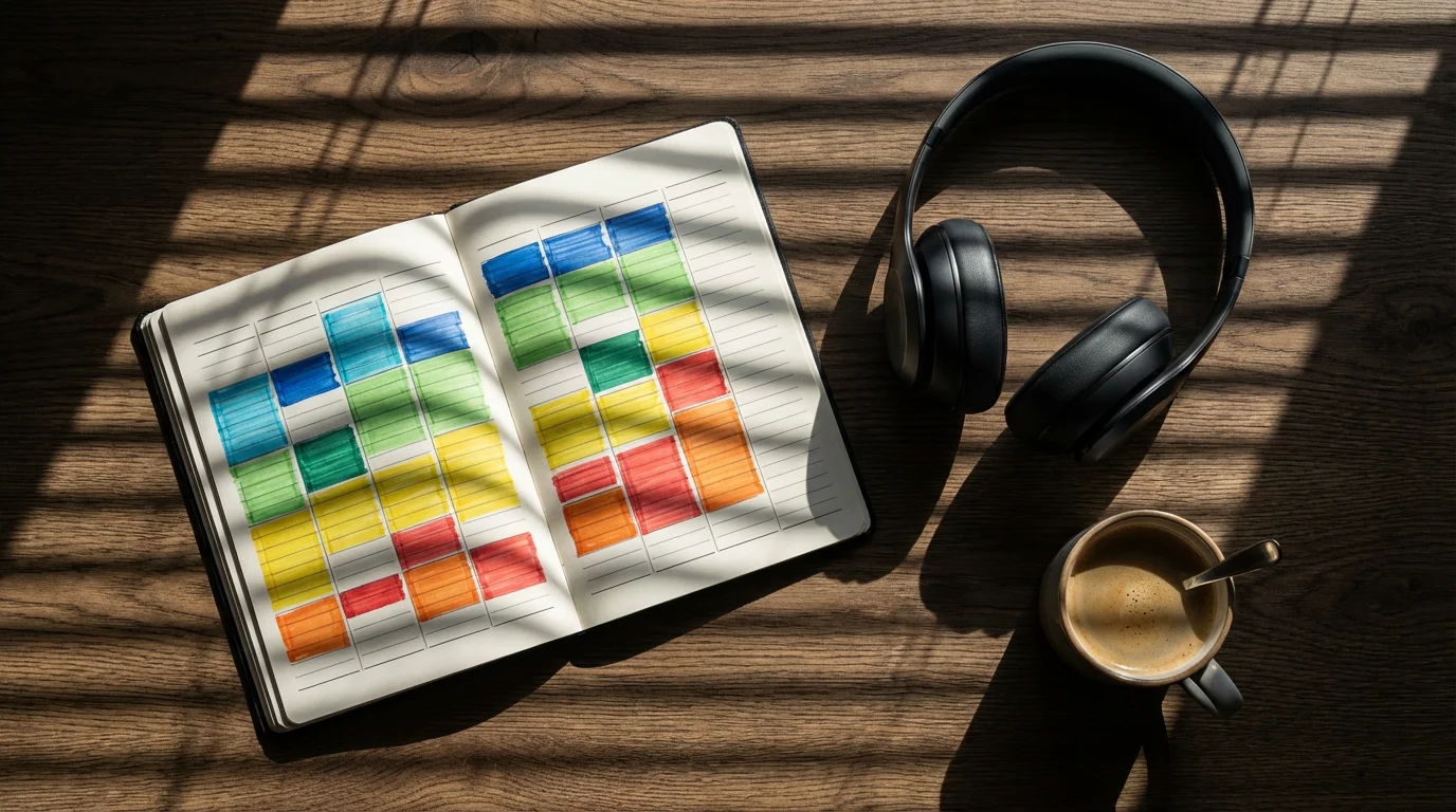 Flat lay of planner, headphones, and coffee on a desk with dramatic afternoon shadows.