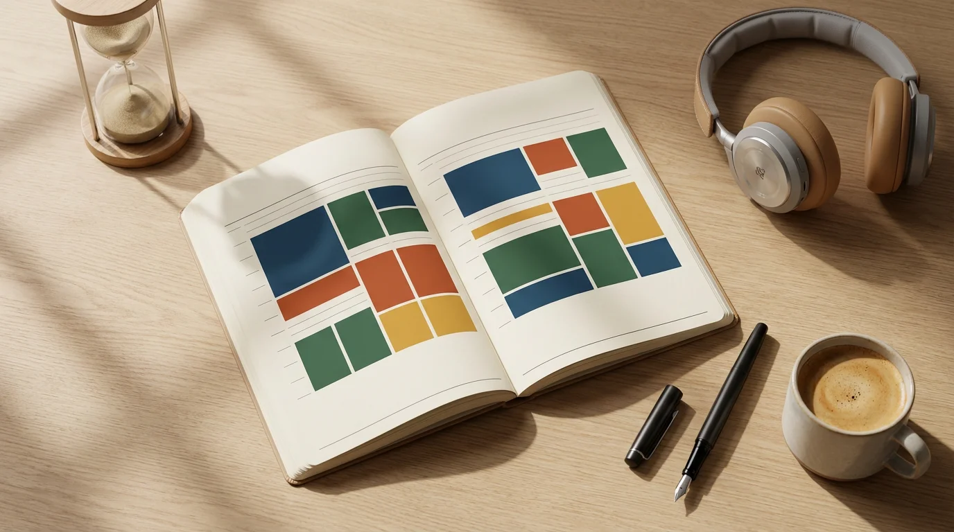 Flat lay of planner with color-blocked schedule, headphones, and hourglass on wooden desk.