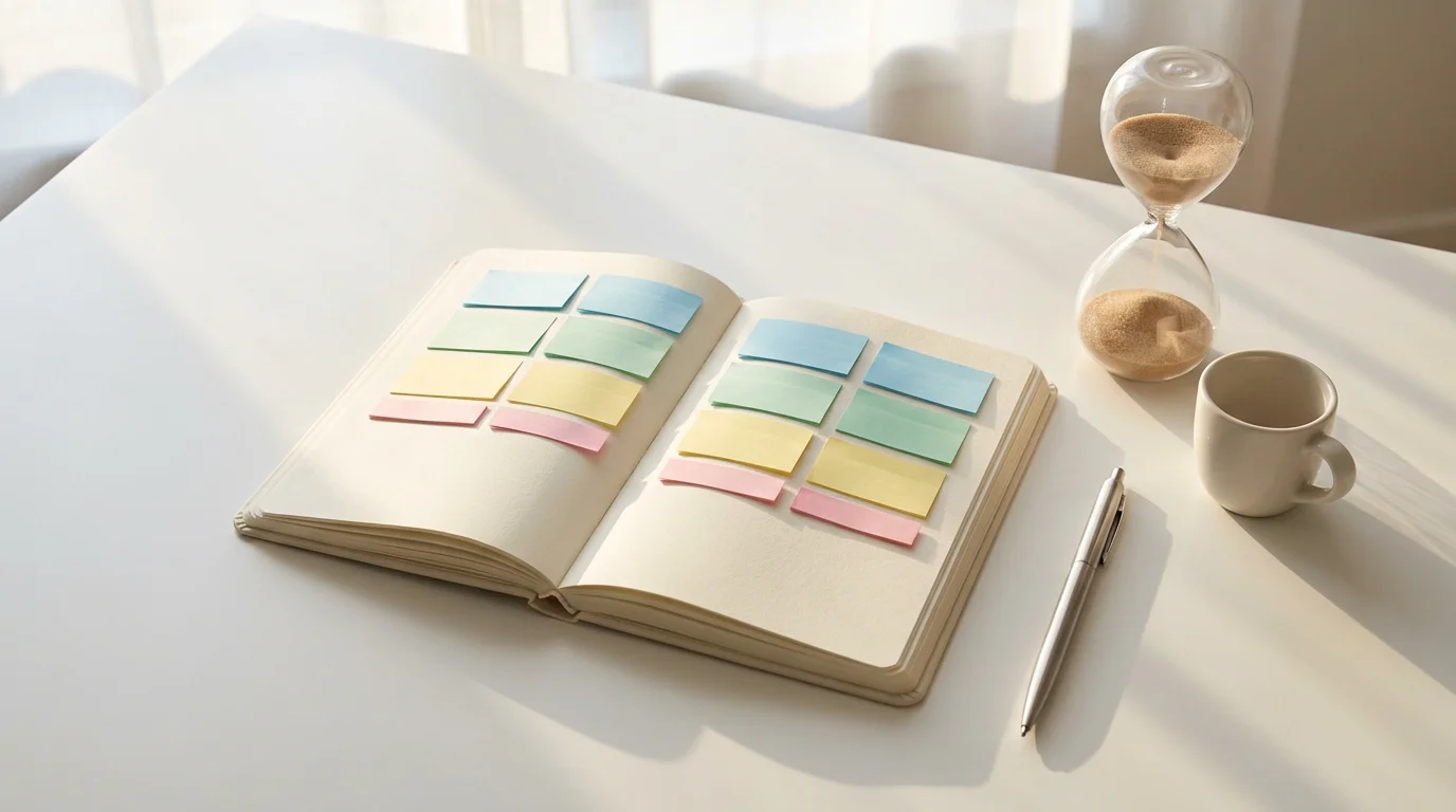 Flat lay of planner with color-coded sticky notes and hourglass on white desk.