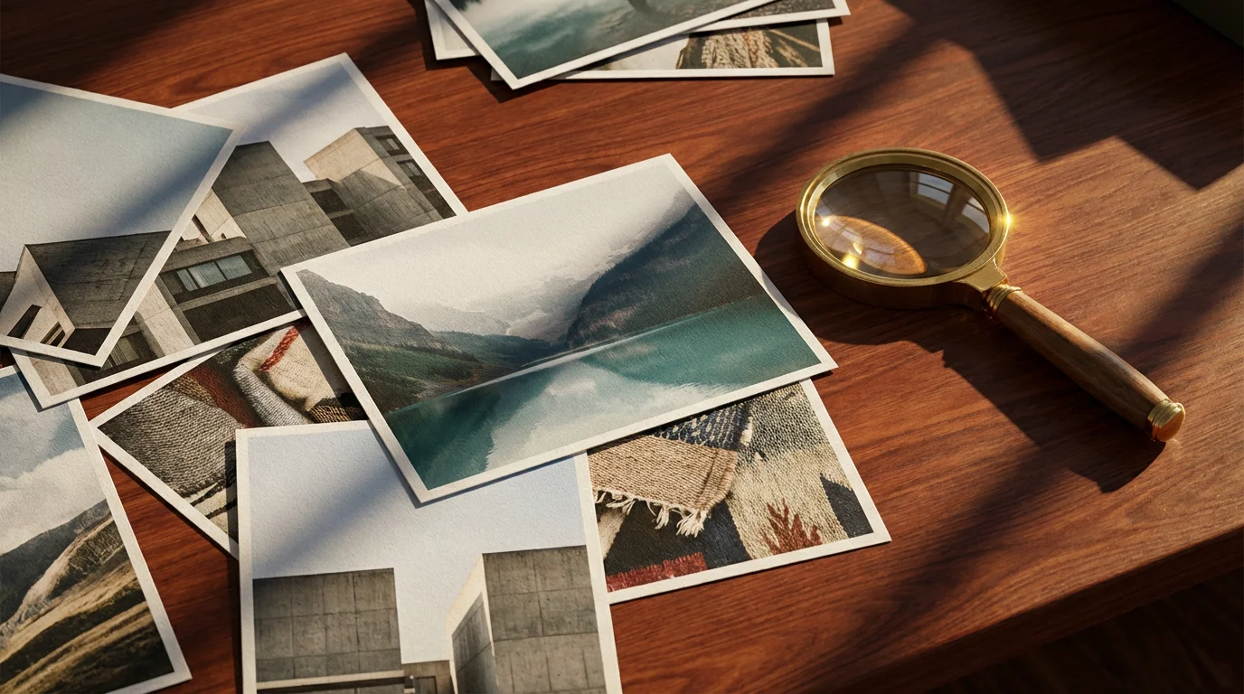 Flat lay of printed photographs and a magnifying glass on a wooden desk with dramatic shadows.