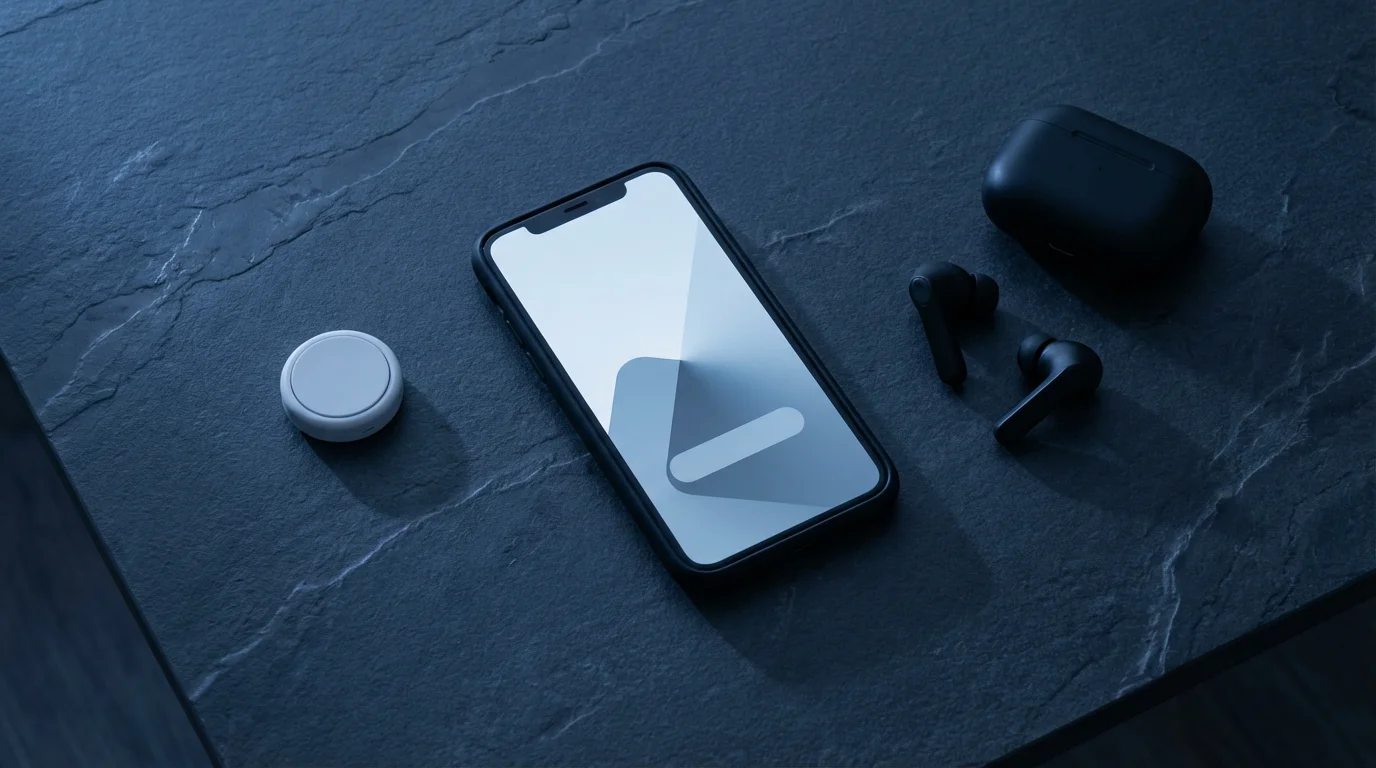 Flat lay of productivity tools: smartphone calendar, shortcut button, and wireless earbuds in blue hour light.