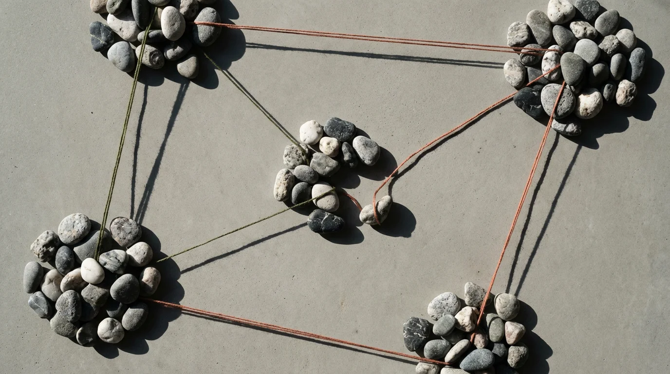 Flat lay of river stones and thread on concrete, symbolizing the flexible adaptation of routines.