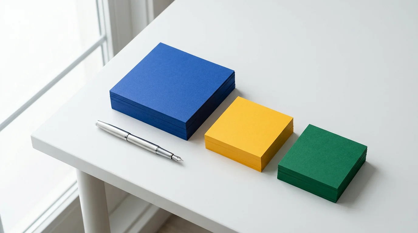 Flat lay of royal blue, yellow, and green index card stacks used for color-coding task categories.