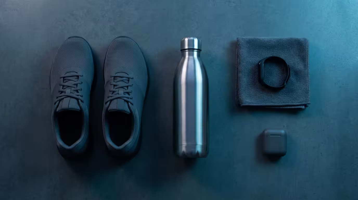 Flat lay of running shoes, water bottle, and tracker on concrete floor in blue light.