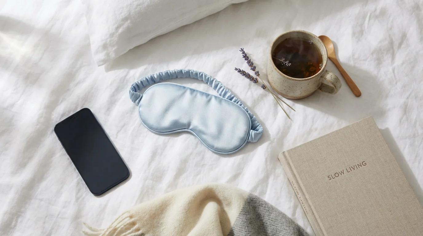Flat lay of sleep mask, tea, and face-down phone on white linen bedding.
