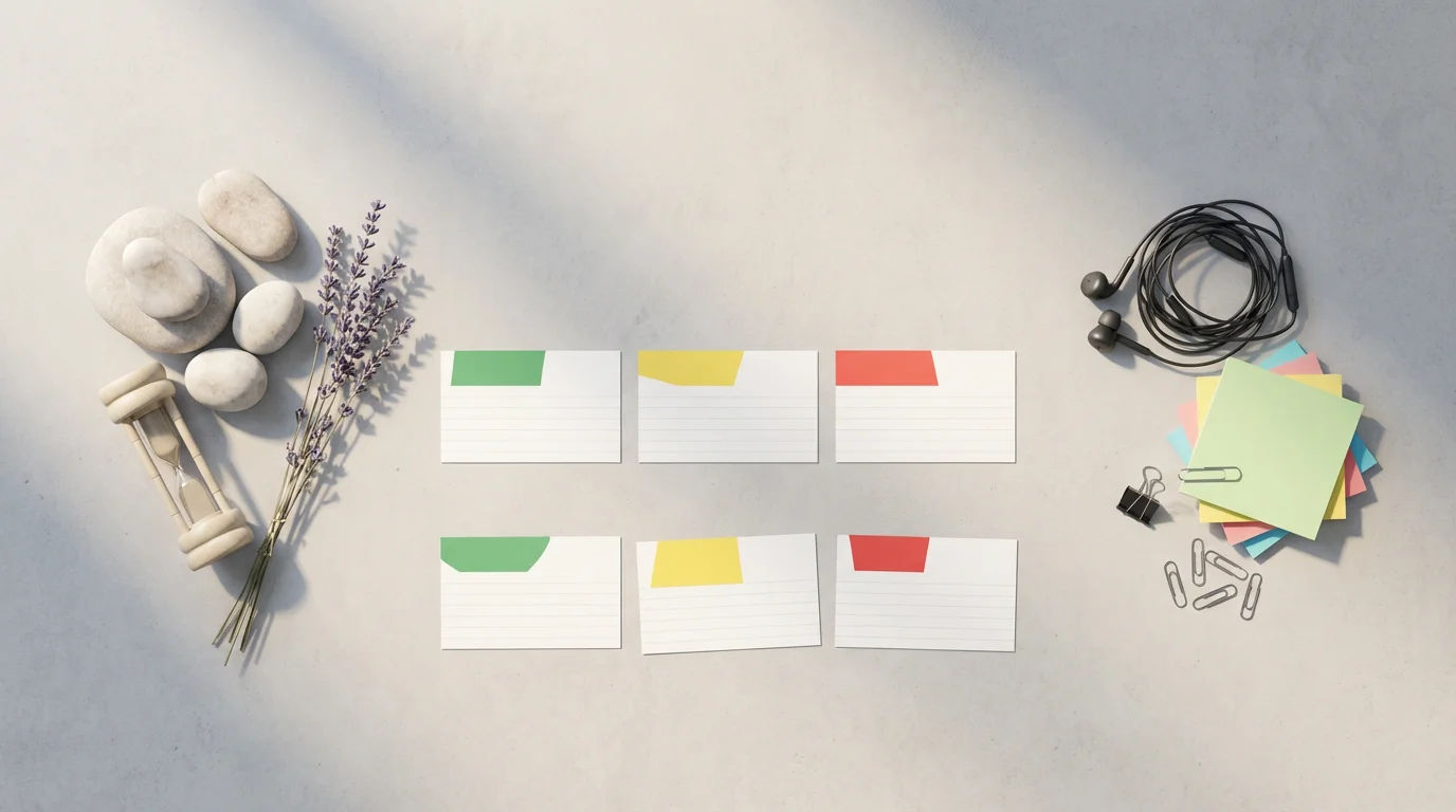 Flat lay of small objects categorized on concrete, representing habits and stress triggers.