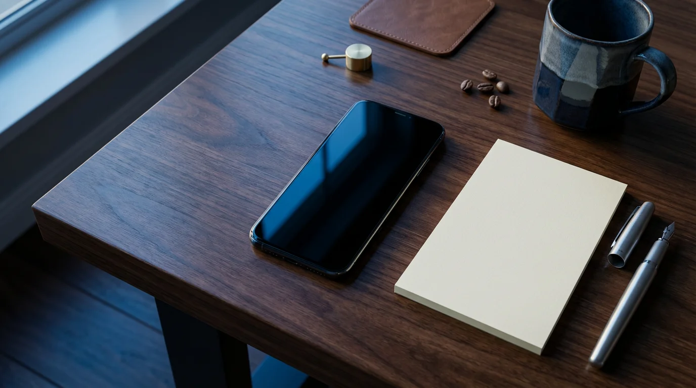 Flat lay of smartphone and notepad on desk lit by cool blue evening light.