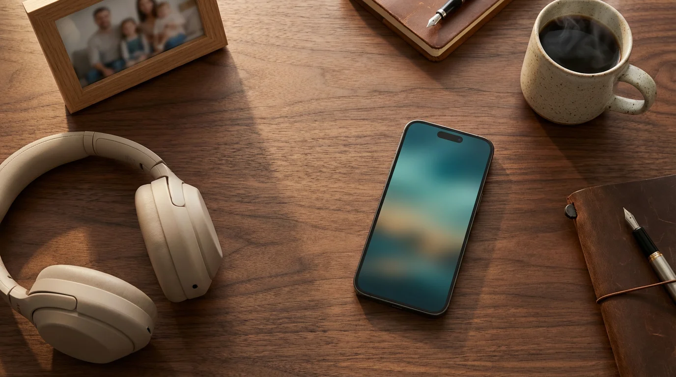Flat lay of smartphone, headphones, and family photo on wooden desk in morning light.