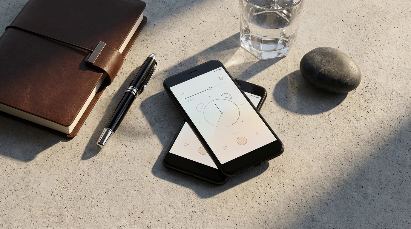 Flat lay of smartphone reminder, leather journal, and pen symbolizing visualization habit integration.