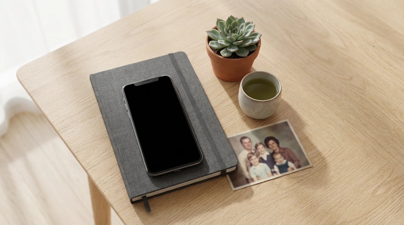 Flat lay of smartphone, tea, and personal photo on desk representing digital wellness.