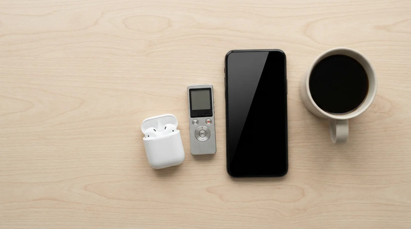 Flat lay of smartphone, voice recorder, and earbuds on a wooden desk.
