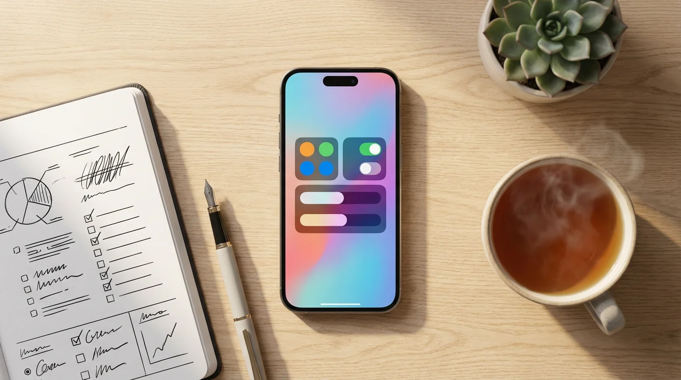 Flat lay of smartphone with abstract settings and planner on desk in morning light.