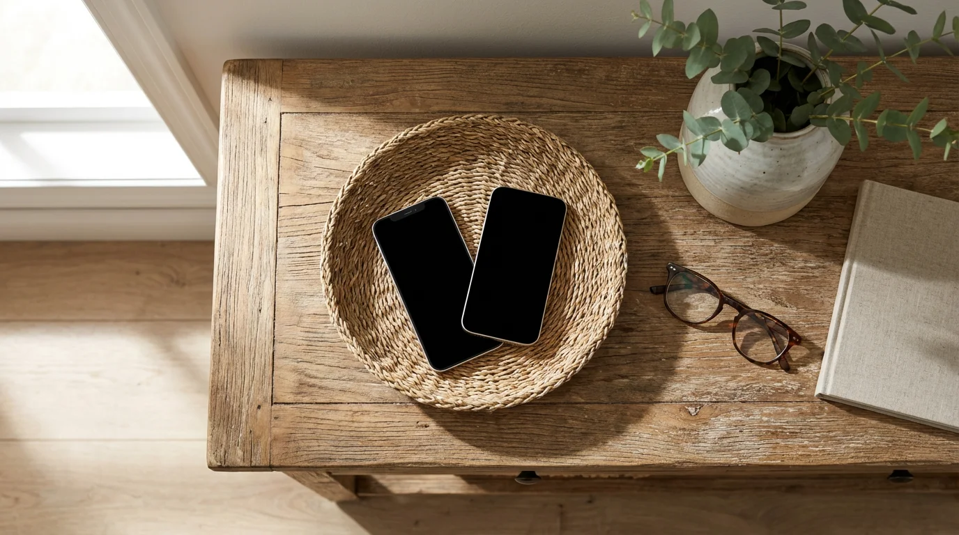 Flat lay of smartphones in a basket on a wooden table next to glasses and plants.