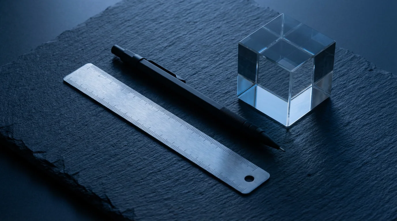 Flat lay of steel ruler and pencil on dark desk under cool blue lighting.