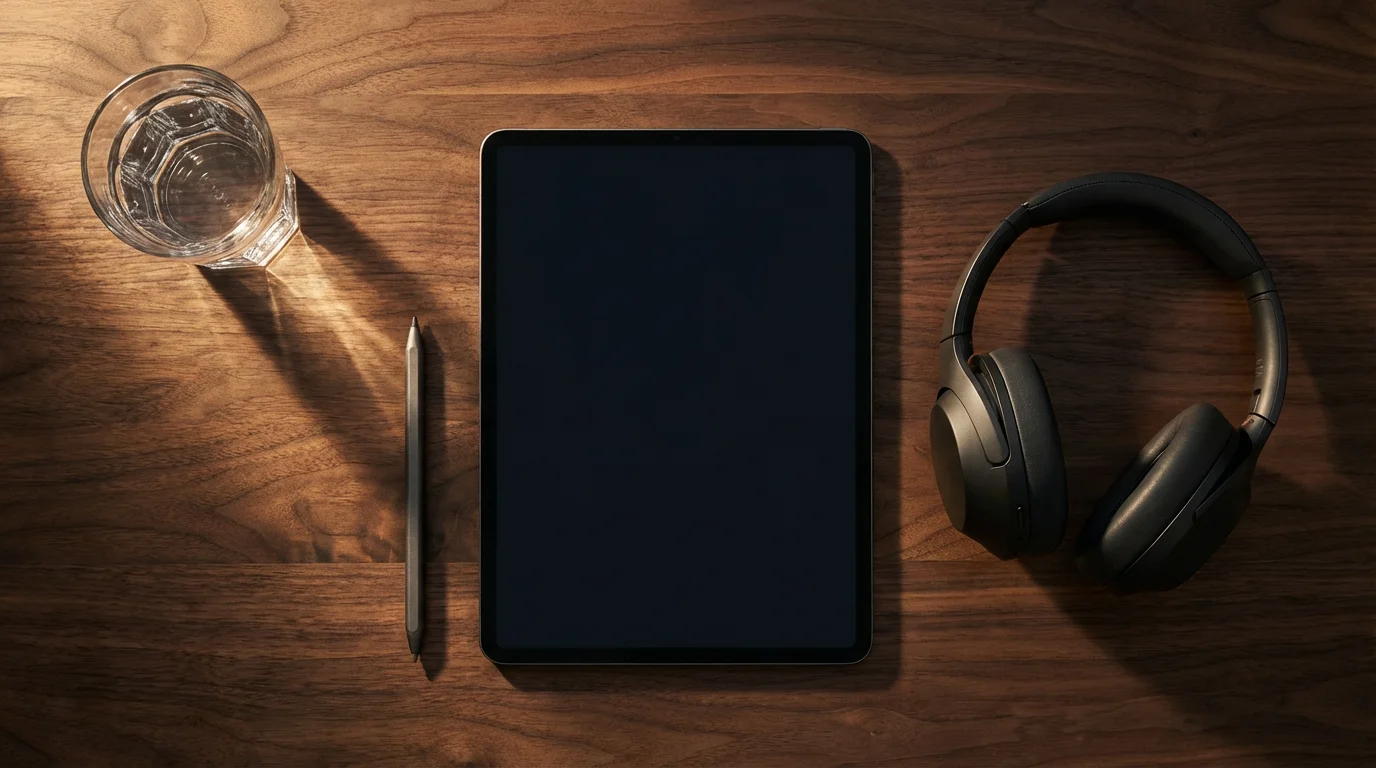 Flat lay of tablet and headphones on walnut desk with dramatic afternoon shadows.