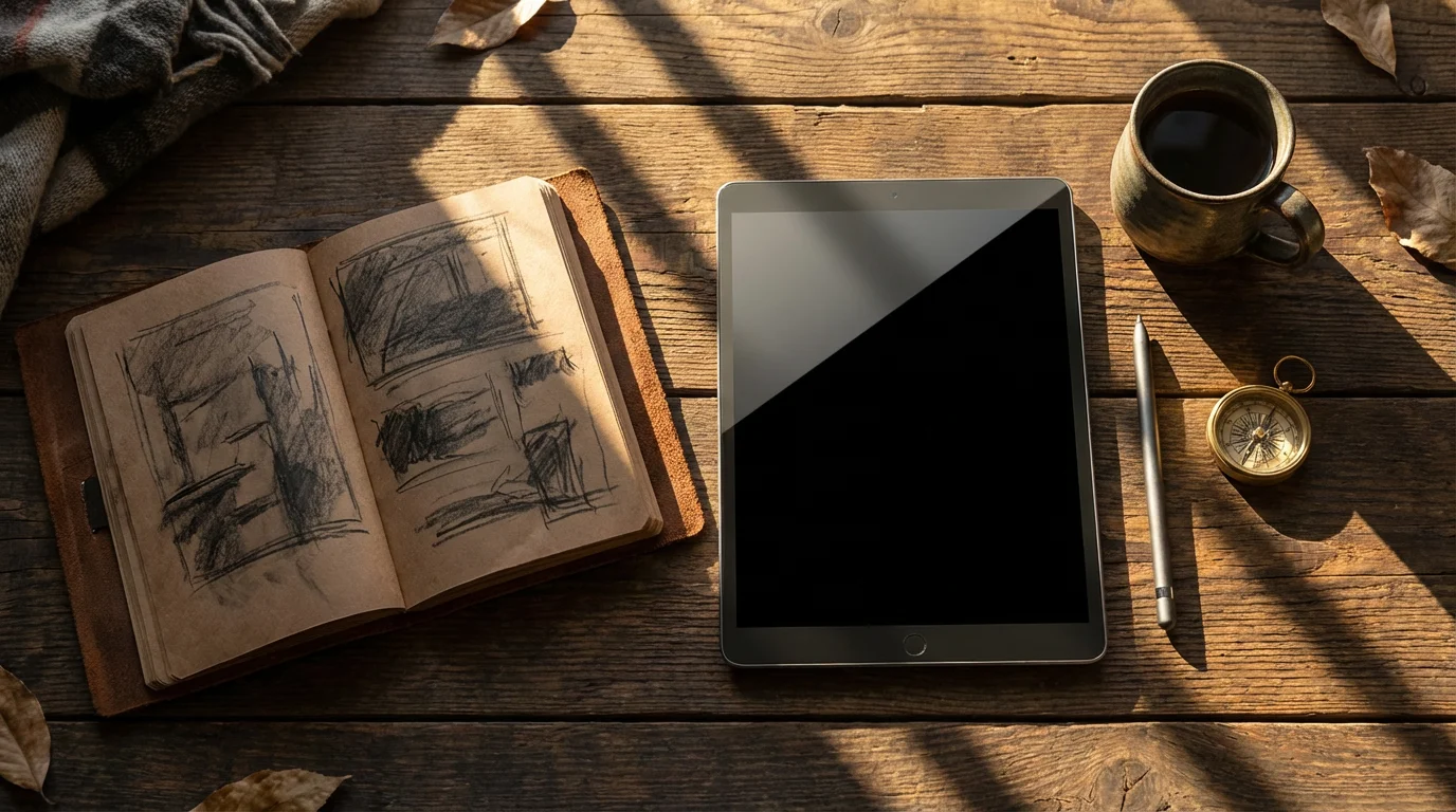 Flat lay of tablet and notebook on wooden desk with dramatic afternoon shadows.