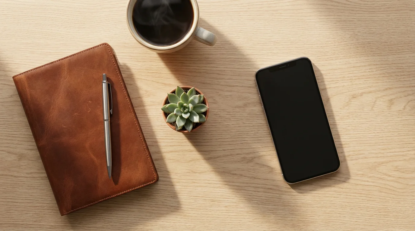 Flat lay of tidy desk with face-down phone, notebook, and coffee in morning light.