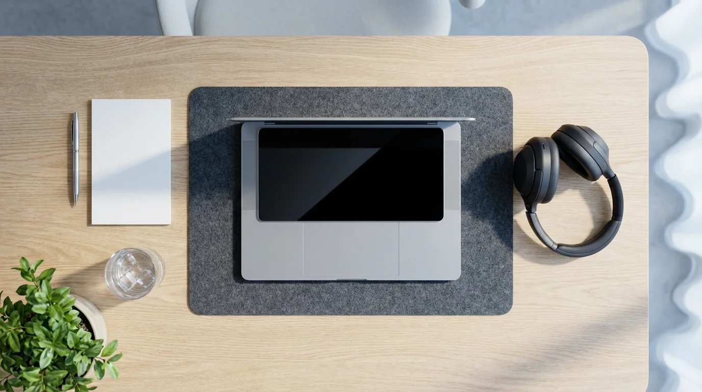 Flat lay of tidy light wood desk with laptop headphones and plant in natural light