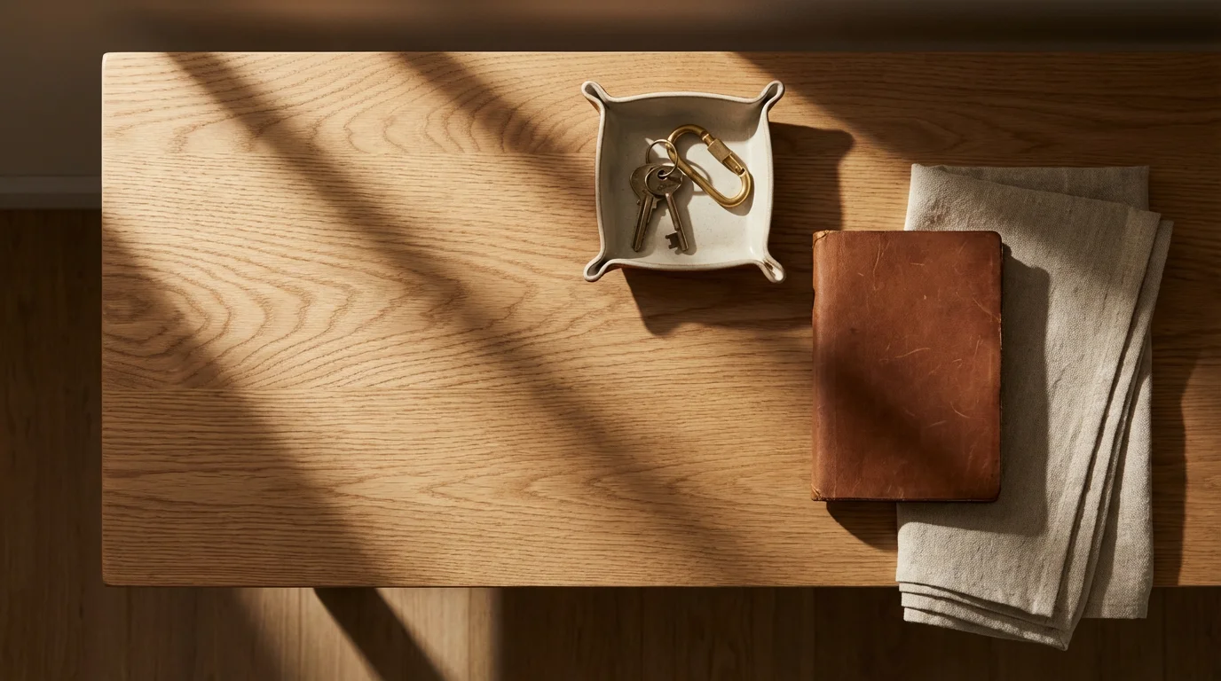 Flat lay of tidy wooden console table with keys and notebook under dramatic afternoon shadows.