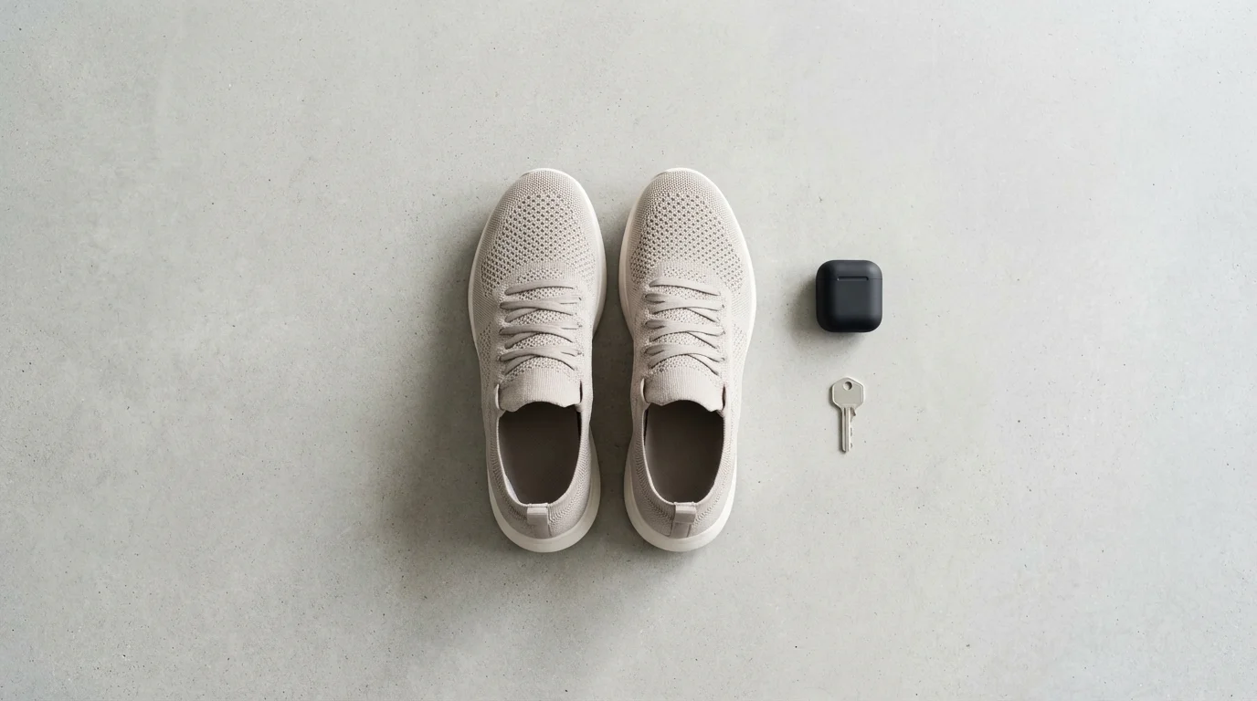 Flat lay of unbranded running shoes and earbuds on concrete floor for habit formation.