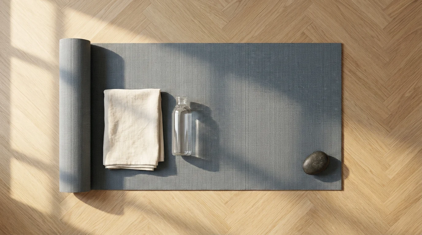 Flat lay of unrolled yoga mat and water bottle on wooden floor in morning sunlight