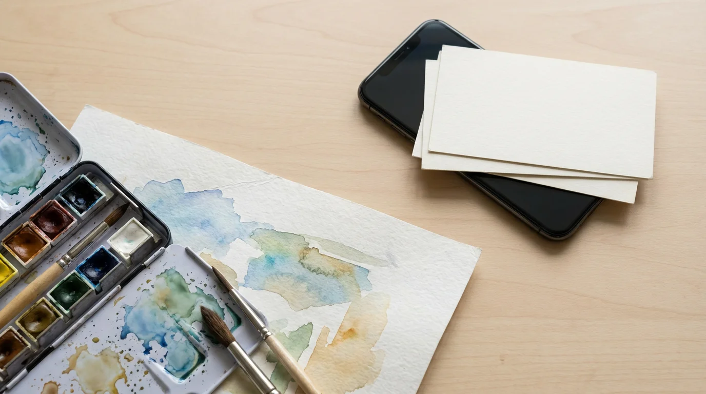 Flat lay of watercolor supplies and brushes on a desk, with a hidden smartphone corner.