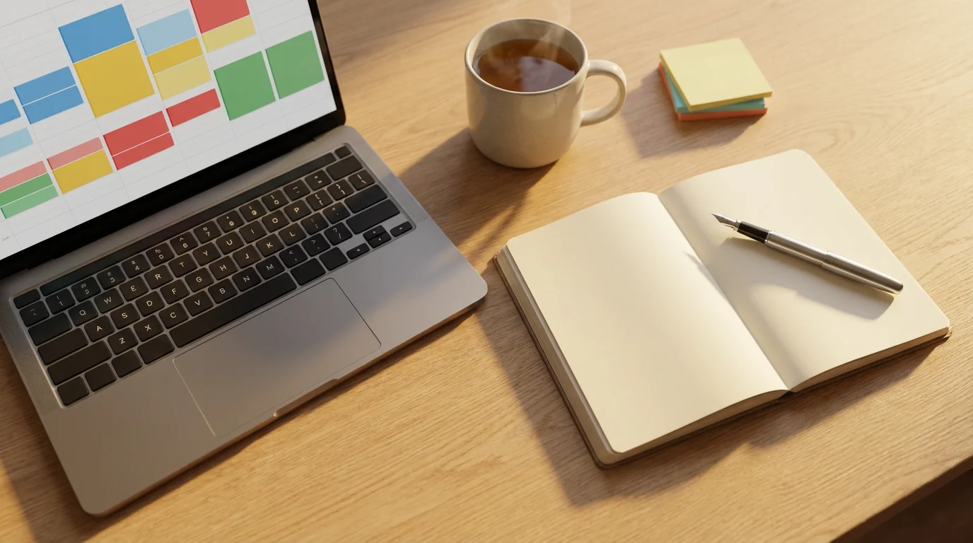 Flat lay of weekly time blocking review setup with laptop, blank journal, and warm golden hour light.
