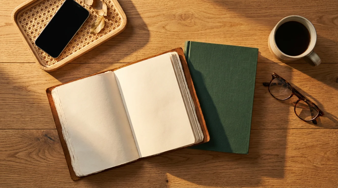 Flat lay of wooden desk with phone set aside in a tray and open journal.