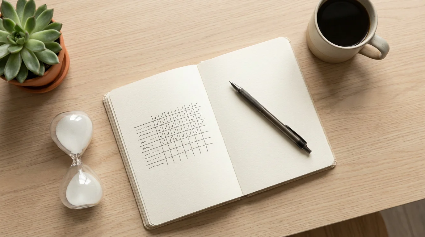 Notebook with a hand-drawn tracking grid next to an hourglass and a coffee cup