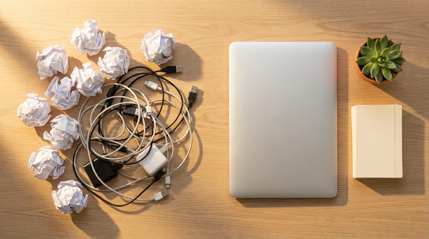 Flat lay photo contrasting messy cables and crumpled paper with a clean laptop and organized index cards.